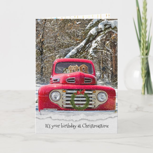 Christmas birthday-retriever dogs in retro truck holiday card (Front)