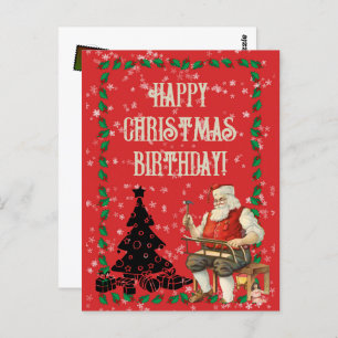 Christmas Birthday Santa Claus Black Tree     Postcard
