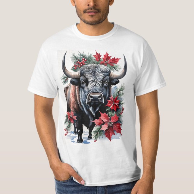 Christmas Bison With Big Horns And Poinsettias T-Shirt (Front)