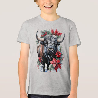 Christmas Bison With Big Horns And Poinsettias Tri-Blend Shirt