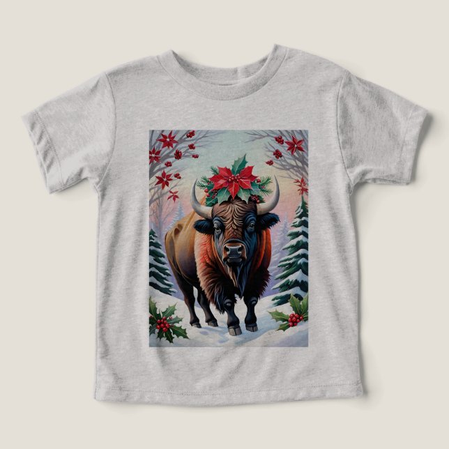 Christmas Bison With Big Horns Snow & Poinsettias (Design Front)