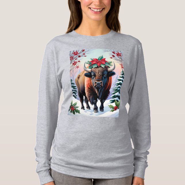 Christmas Bison With Big Horns Snow & Poinsettias T-Shirt (Front)