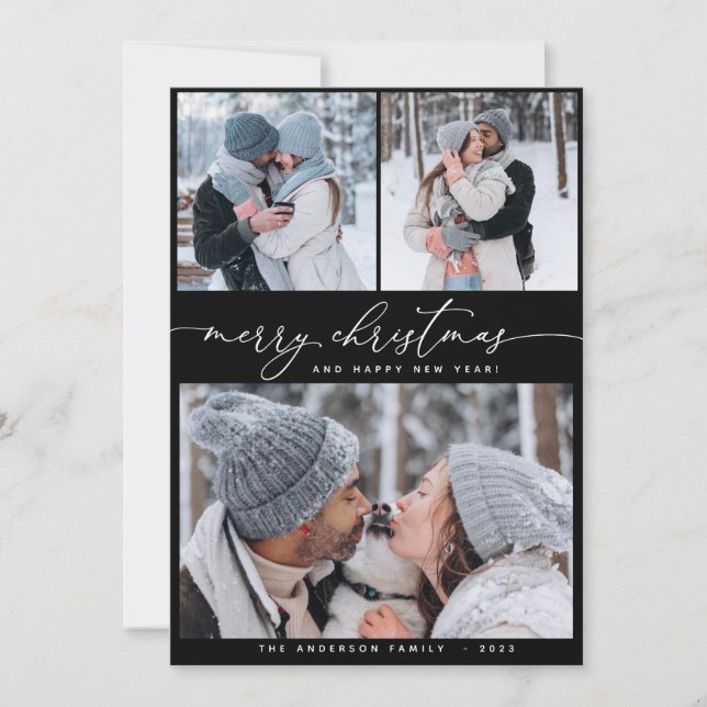 Christmas Black 3 Collage Multi Photo Holiday Card (Front)