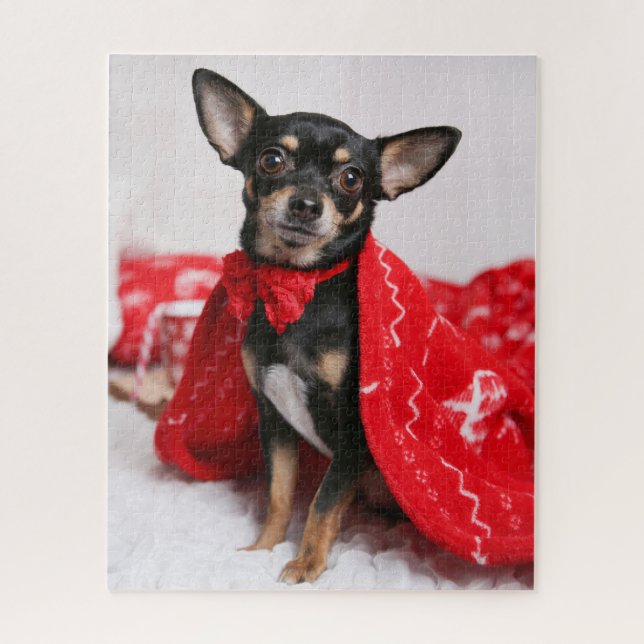 Christmas Black and Tan Chihuahua Puppy Dog Jigsaw Puzzle (Vertical)
