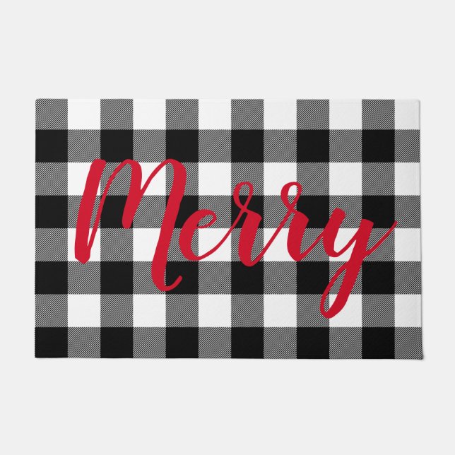 Christmas Black and White Buffalo Plaid Doormat (Front)