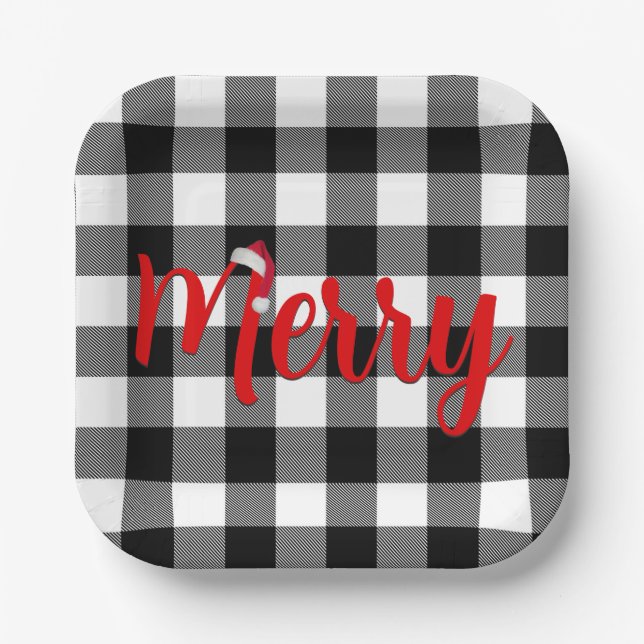Christmas Black and White Buffalo Plaid Paper Plate (Front)