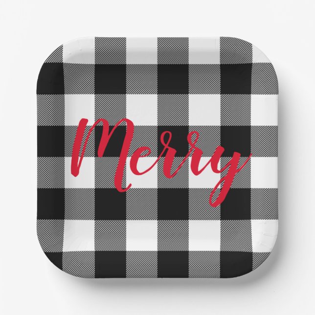 Christmas Black and White Buffalo Plaid Paper Plate (Front)