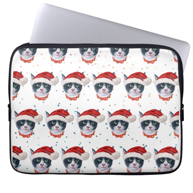 Christmas Black And White Cat Watercolor Laptop Sleeve (Front)