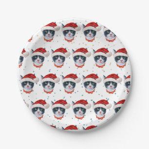 Christmas Black And White Cat Watercolor Paper Plate
