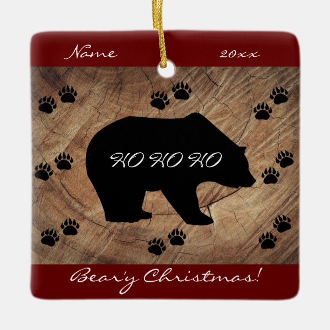Christmas Black Bear And Bear Paws Ceramic Ornament (Front)