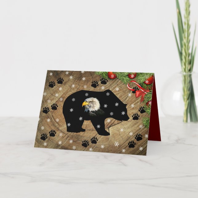 Christmas Black Bear Bald Eagle Wilderness  Holiday Card (Front)