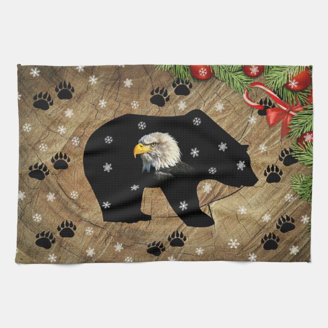 Christmas Black Bear Bald Eagle Wilderness  Tea Towel (Horizontal)
