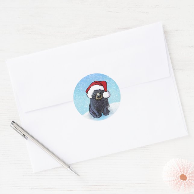 Christmas Black Bear Cub Classic Round Sticker (Envelope)
