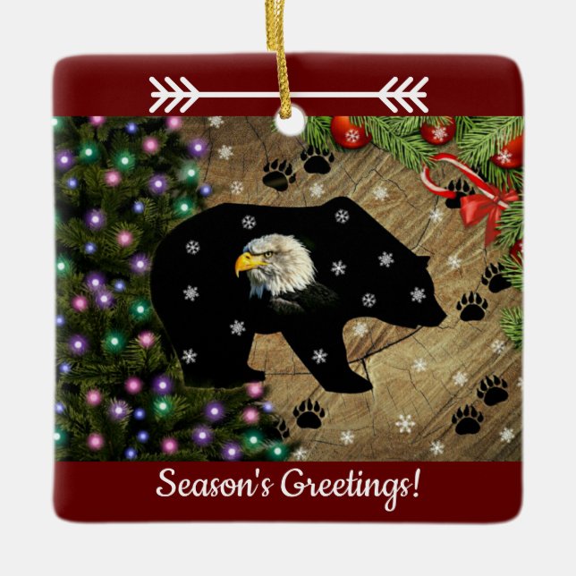 Christmas Black Bear Eagle Spirits Ceramic Ornament (Front)