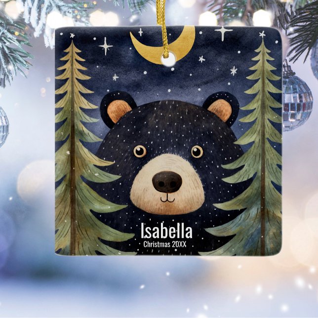 Christmas Black Bear  Night Moon Forrest Ceramic Ornament (Creator Uploaded)