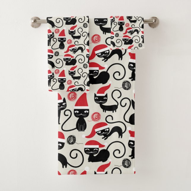 Christmas Black Cat Bath Towel Set (Insitu)