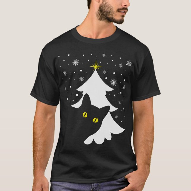 Christmas Black Cat Christmas Tree snow and stars  T-Shirt (Front)