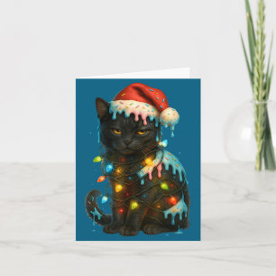 Christmas Black Cat Ice Cream Drip Santa Hat Cute  Card
