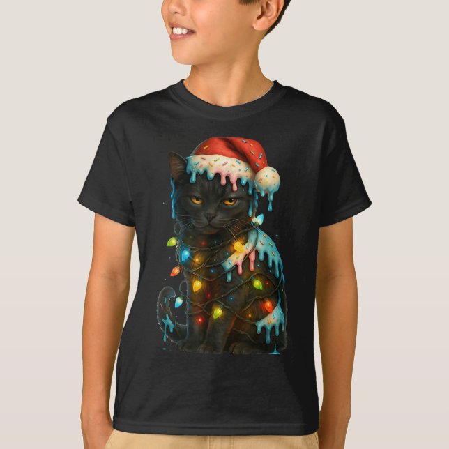 Christmas Black Cat Ice Cream Drip Santa Hat Cute  T-Shirt (Front)
