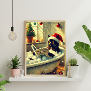 Christmas Black Cat in Bathtub Poster