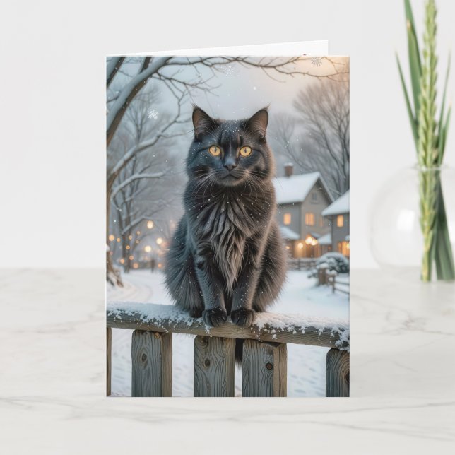 Christmas Black Cat On a Snowy Fence Card (Front)