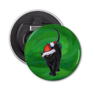 Christmas Black Cat on Green Bottle Opener