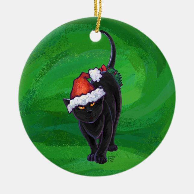 Christmas Black Cat on Green Ceramic Tree Decoration (Front)