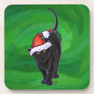 Christmas Black Cat on Green Coaster