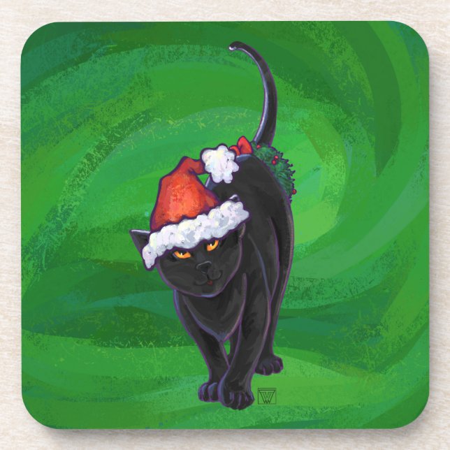 Christmas Black Cat on Green Coaster (Front)