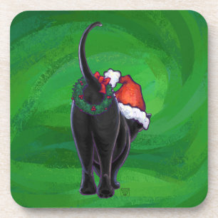 Christmas Black Cat on Green Coaster