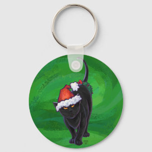 Christmas Black Cat on Green Key Ring