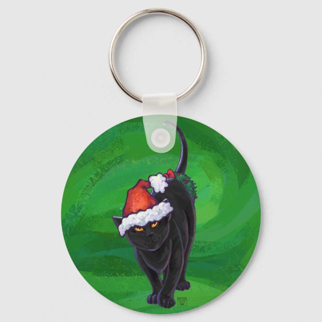 Christmas Black Cat on Green Key Ring (Front)