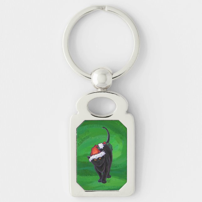 Christmas Black Cat on Green Key Ring (Front)