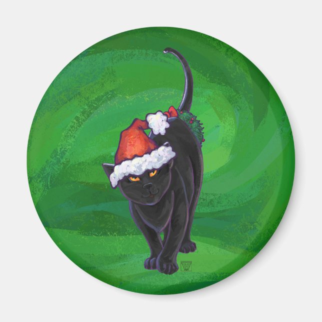 Christmas Black Cat on Green Magnet (Front)