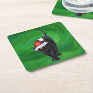 Christmas Black Cat on Green Square Paper Coaster