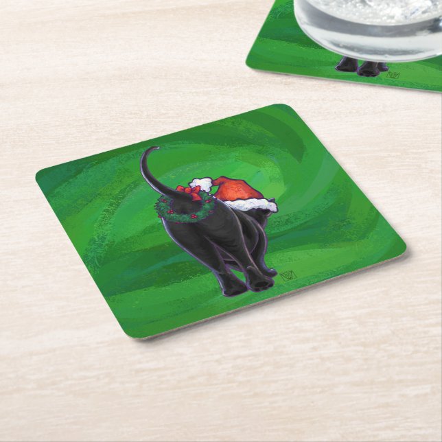 Christmas Black Cat on Green Square Paper Coaster (Angled)