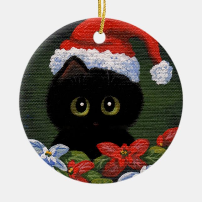 Christmas Black Cat Santa Claus Funny Creationarts Ceramic Tree Decoration (Front)