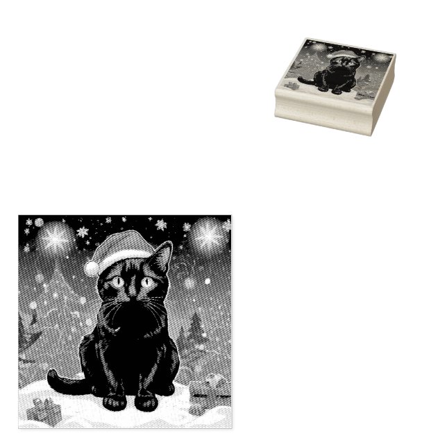 Christmas Black Cat - Santa Hat Personalised photo Rubber Stamp (Stamped)