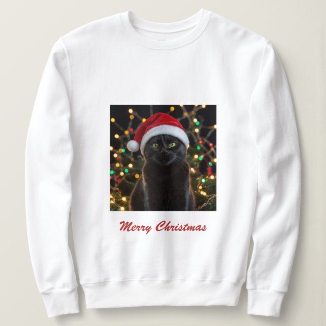 Christmas Black Cat - Santa Hat Personalised photo Sweatshirt (Design Front)