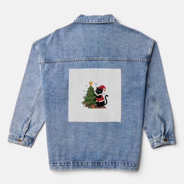 Christmas Black Cat Santa Hat Tree Mouse Denim Jacket (Back)