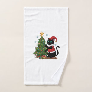 Christmas Black Cat Santa Hat Tree Mouse Hand Towel