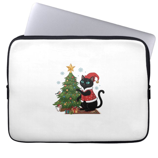 Christmas Black Cat Santa Hat Tree Mouse Laptop Sleeve (Front)