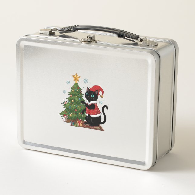 Christmas Black Cat Santa Hat Tree Mouse Metal Lunch Box (Front)