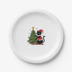 Christmas Black Cat Santa Hat Tree Mouse Paper Plate