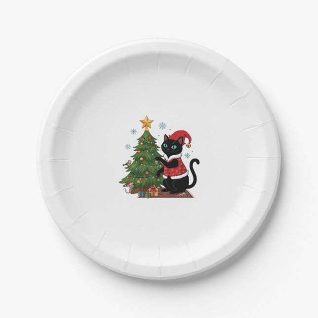 Christmas Black Cat Santa Hat Tree Mouse Paper Plate (Front)