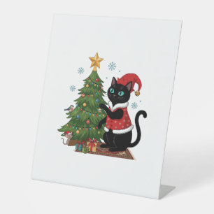 Christmas Black Cat Santa Hat Tree Mouse Pedestal Sign