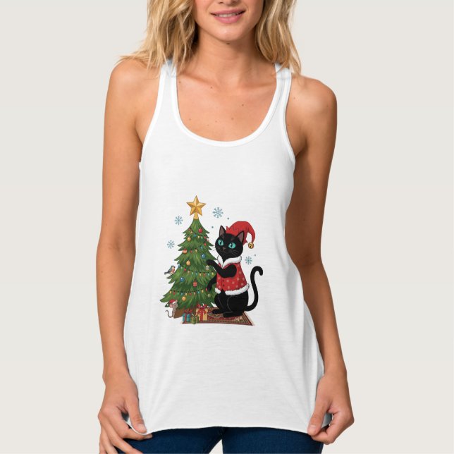 Christmas Black Cat Santa Hat Tree Mouse Singlet (Front)