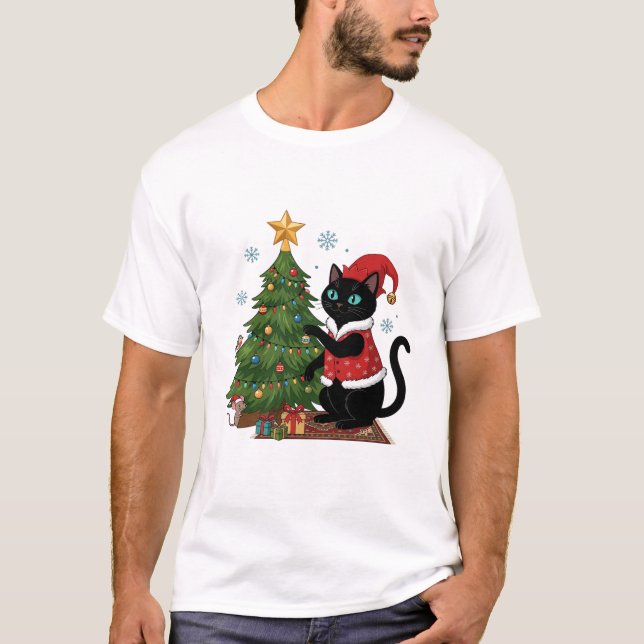 Christmas Black Cat Santa Hat Tree Mouse T-Shirt (Front)
