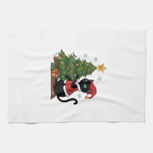Christmas Black Cat Santa Hat Tree Mouse Tea Towel