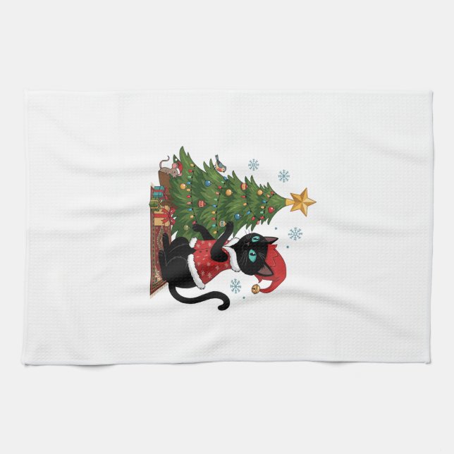 Christmas Black Cat Santa Hat Tree Mouse Tea Towel (Horizontal)